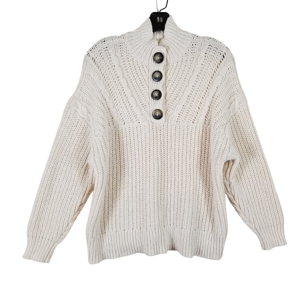 Aerie Womens Cream Chunky Cable Knit Button Mock Neck Henley Sweater Medium